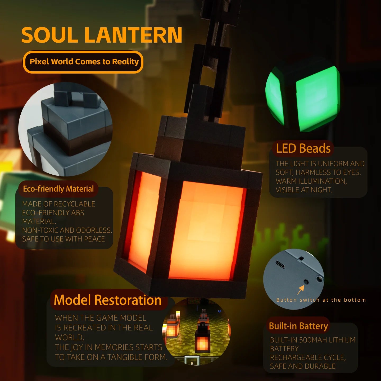 Pixel Style Night Light Portable Lantern Tabletop Ornament