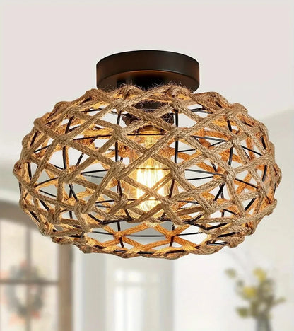 1pc Handwoven Rattan Lamp Chandeliers - Semi-Flush Mount