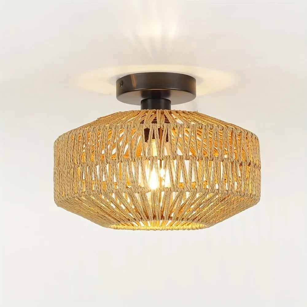 1pc Handwoven Rattan Lamp Chandeliers - Semi-Flush Mount