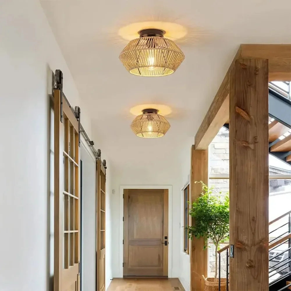 1pc Handwoven Rattan Lamp Chandeliers - Semi-Flush Mount
