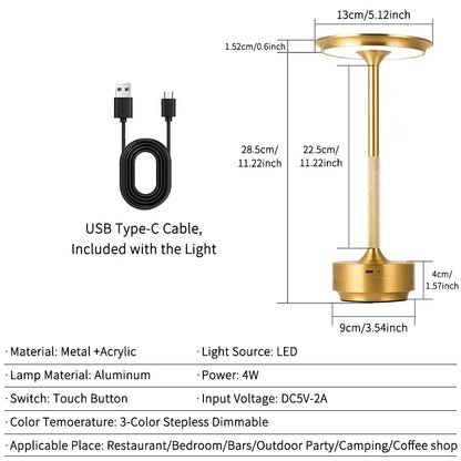 Wireless Table Lamp USB Rechargeable Touch Lamp