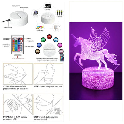 3D Lamp Anime Unicorn LED Night Light RGB