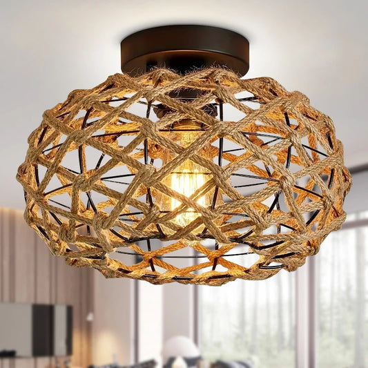 Vintage Chic Hemp Rope Ceiling Light Woven Rattan Decoration