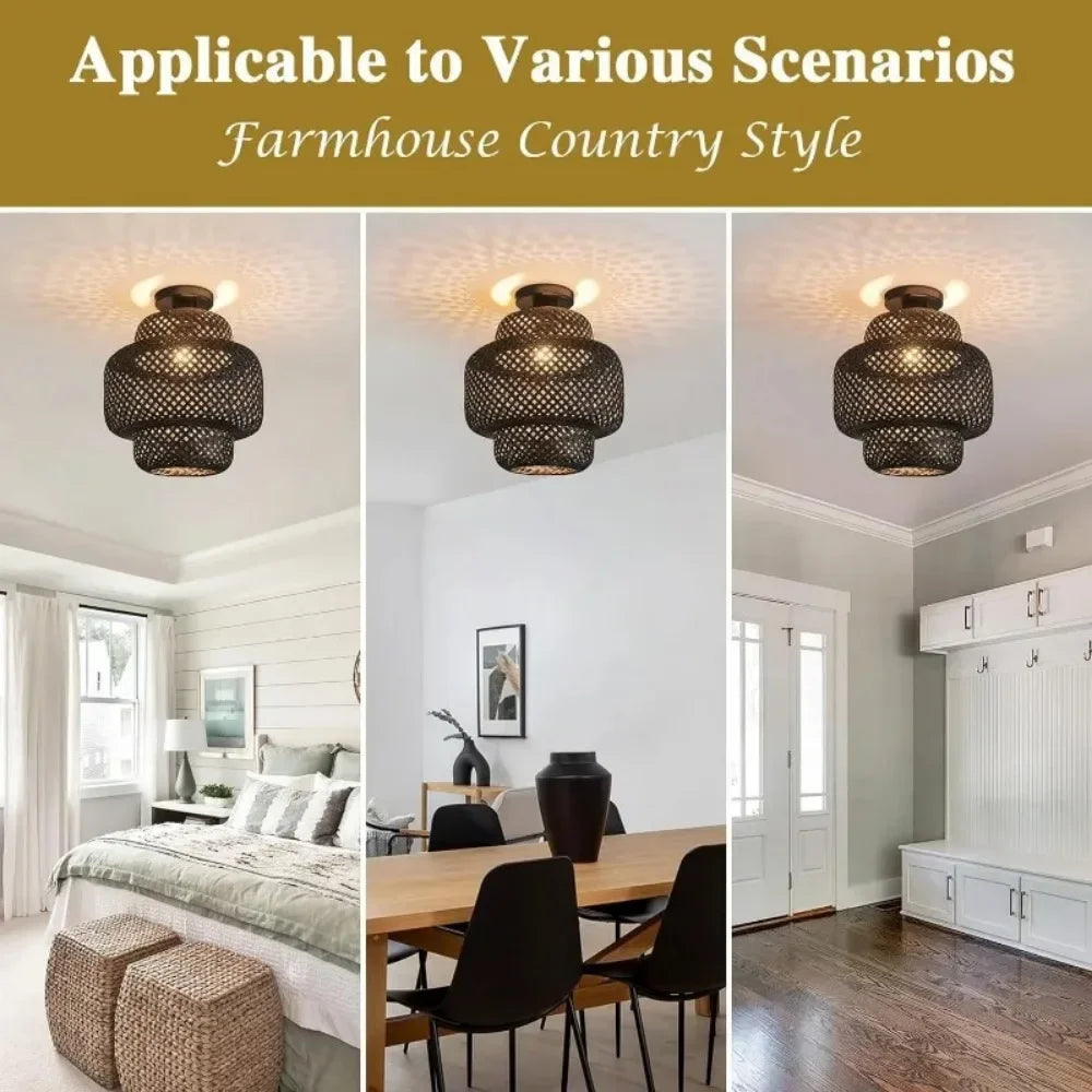 1pc Handwoven Rattan Lamp Chandeliers - Semi-Flush Mount