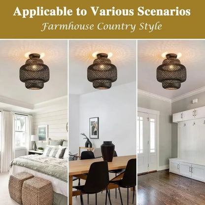 1pc Handwoven Rattan Lamp Chandeliers - Semi-Flush Mount
