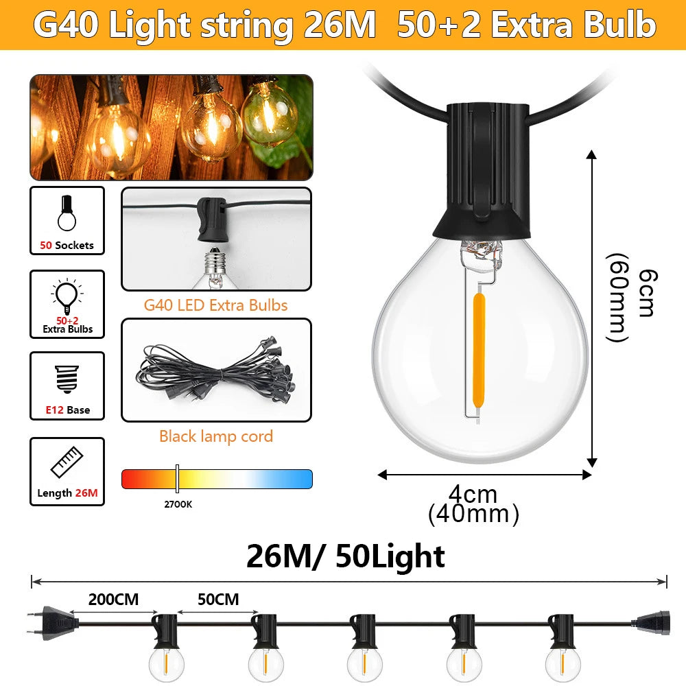 Outdoor LED Waterproof G40 String Light EU Plug Garden Lights