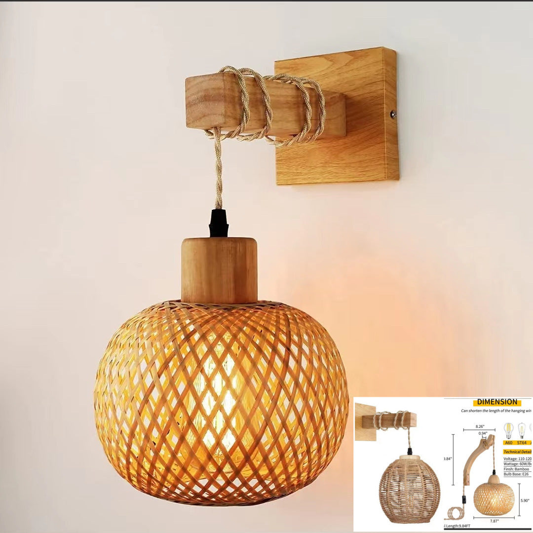 Retro Japanese Bamboo Woven Bedside Wall Lamp