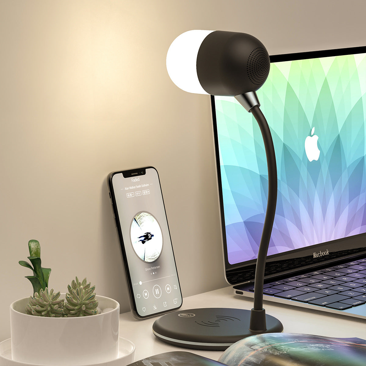 3 IN 1 Desk Lamp With Qi 5W Bluetooth  Dimmable For Bedroom