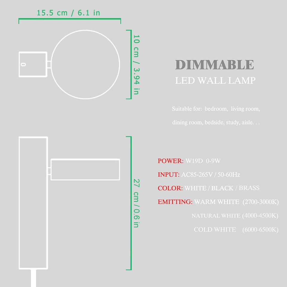 Led indoor wall lamps rotation dimming switch