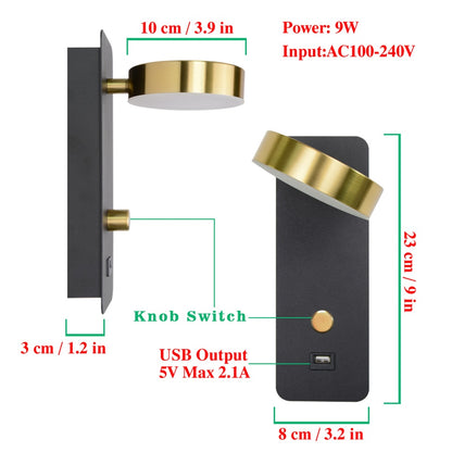 Indoor Led wall lamps 9W dimming wall lamp with USB