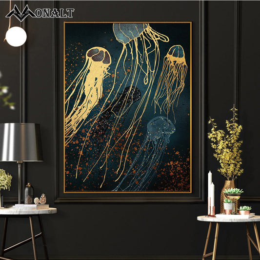 Luxury Golden Jellyfish wall decoration Whale Octopus Wall Art Canvas Painting